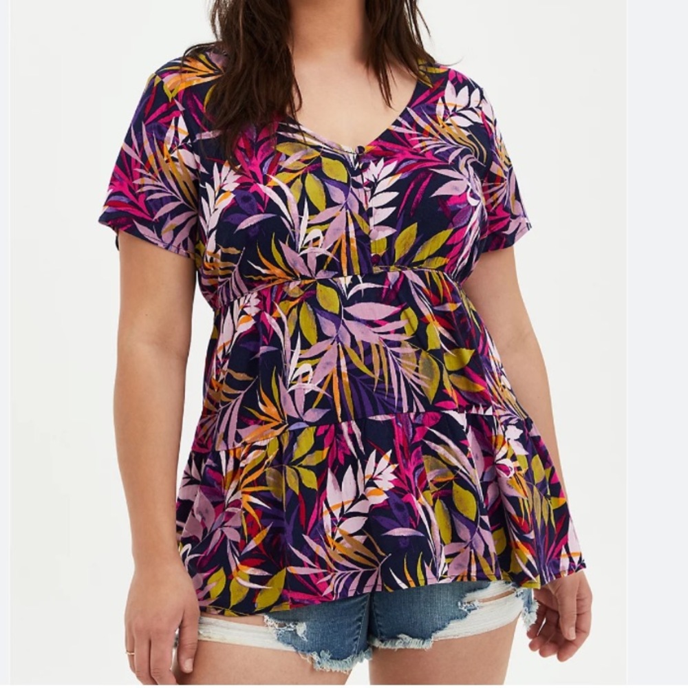Torrid Multi Leaves Tropical Hawaiian Tiered Button Front Top Plus Size 1